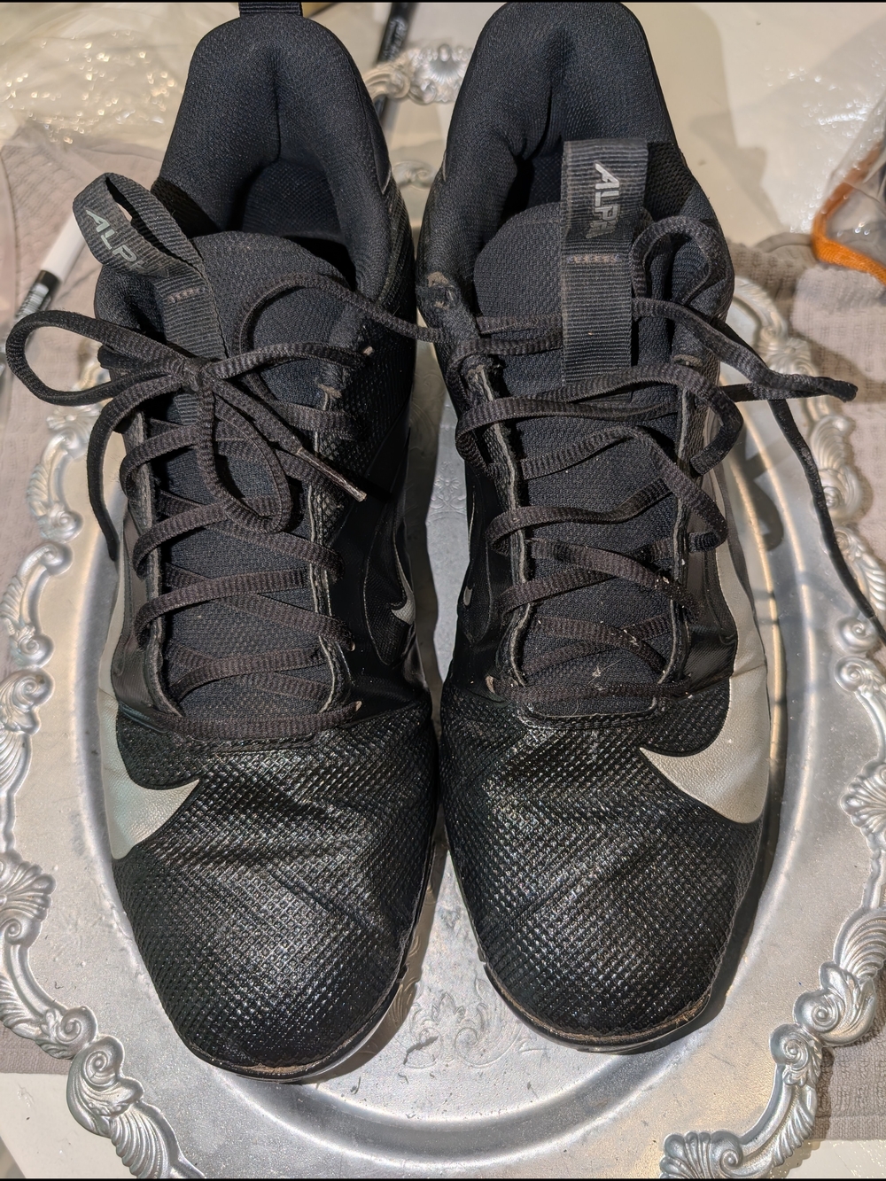 Nike Men’s Black Alpha Cleats Size 12 with Silver Swoosh